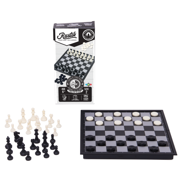 Travel Games: Rustik Foldable Magnetic Checkers/Chess (Black/White)