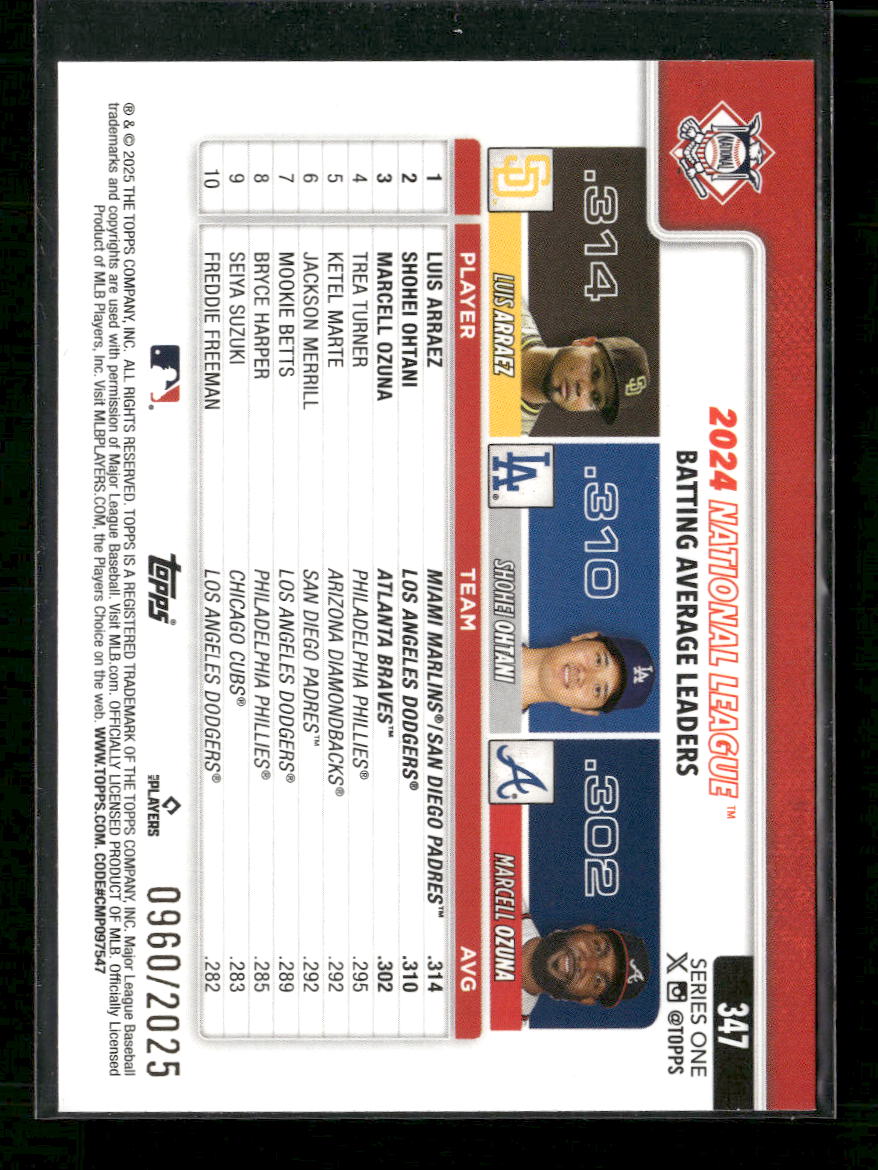 2025 Topps Leaders Gold Luis Arraez / Shohei Ohtani / Marcell Ozuna #/2025 #347