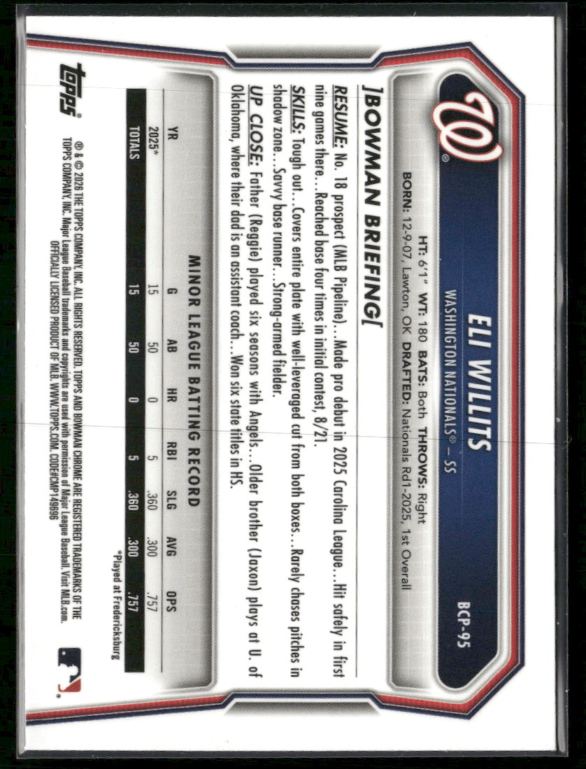 2026 Bowman Chrome Prospects Mojo Fuchsia Refractor Eli Willits #/299 #BCP-95