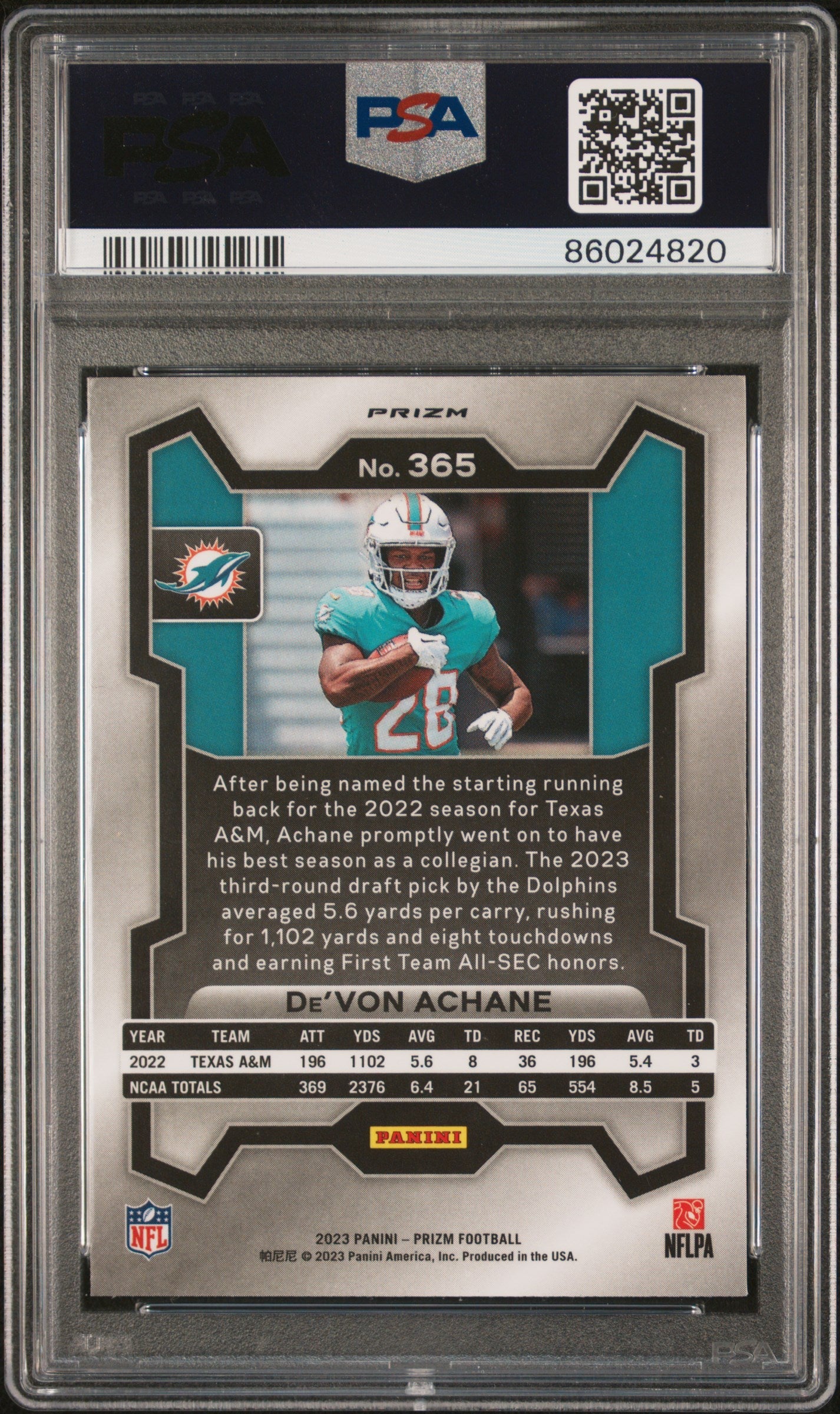 2023 Panini Prizm Silver Prizm De'Von Achane 10 PSA #365