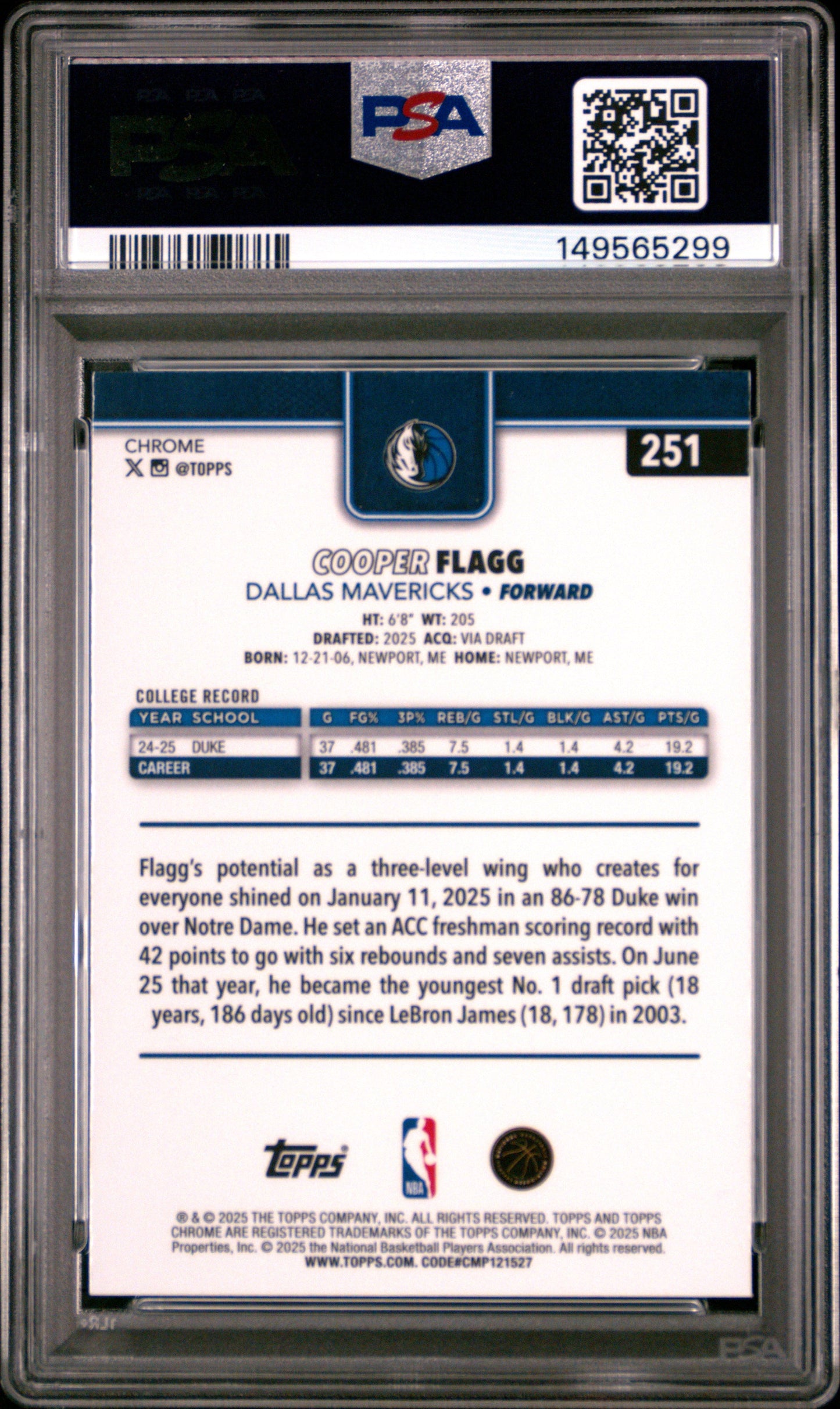 2025 Topps Chrome Cooper Flagg 8 PSA #251