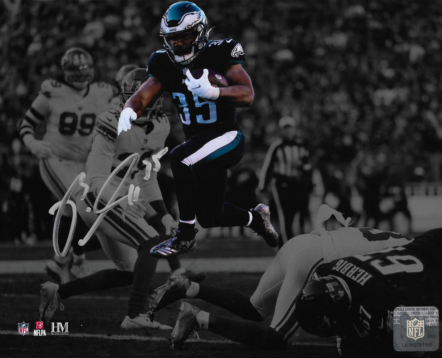 Boston Scott in Action Philadelphia Eagles Autographed Blackout Football Photo