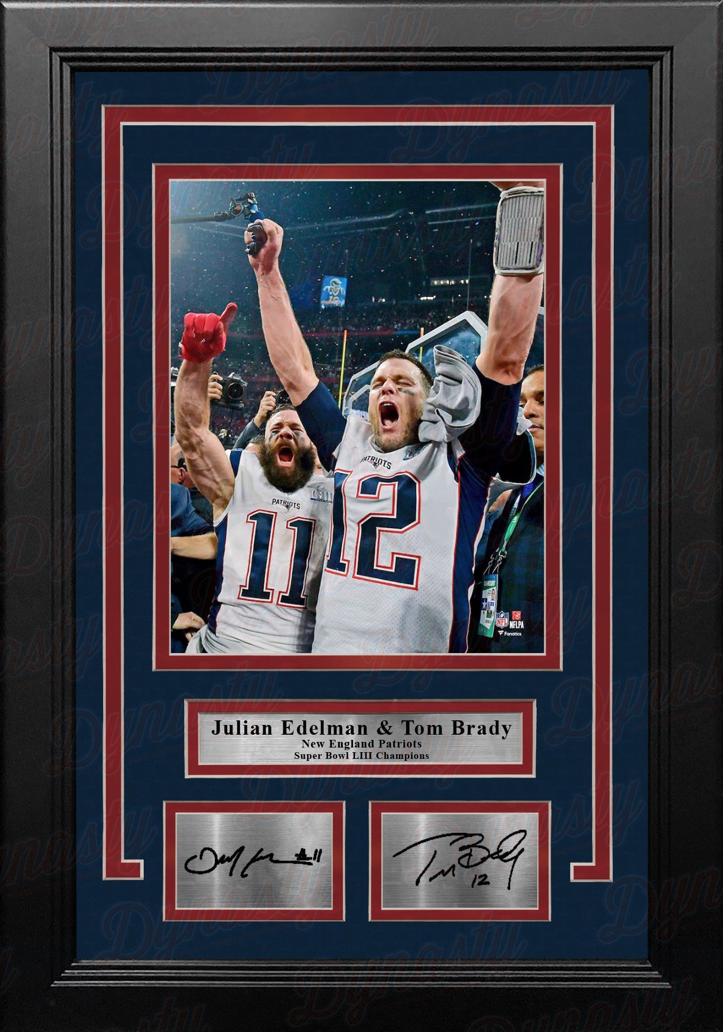 Julian Edelman & Tom Brady Super Bowl LIII Patriots 8x10 Framed Photo with Engraved Autographs