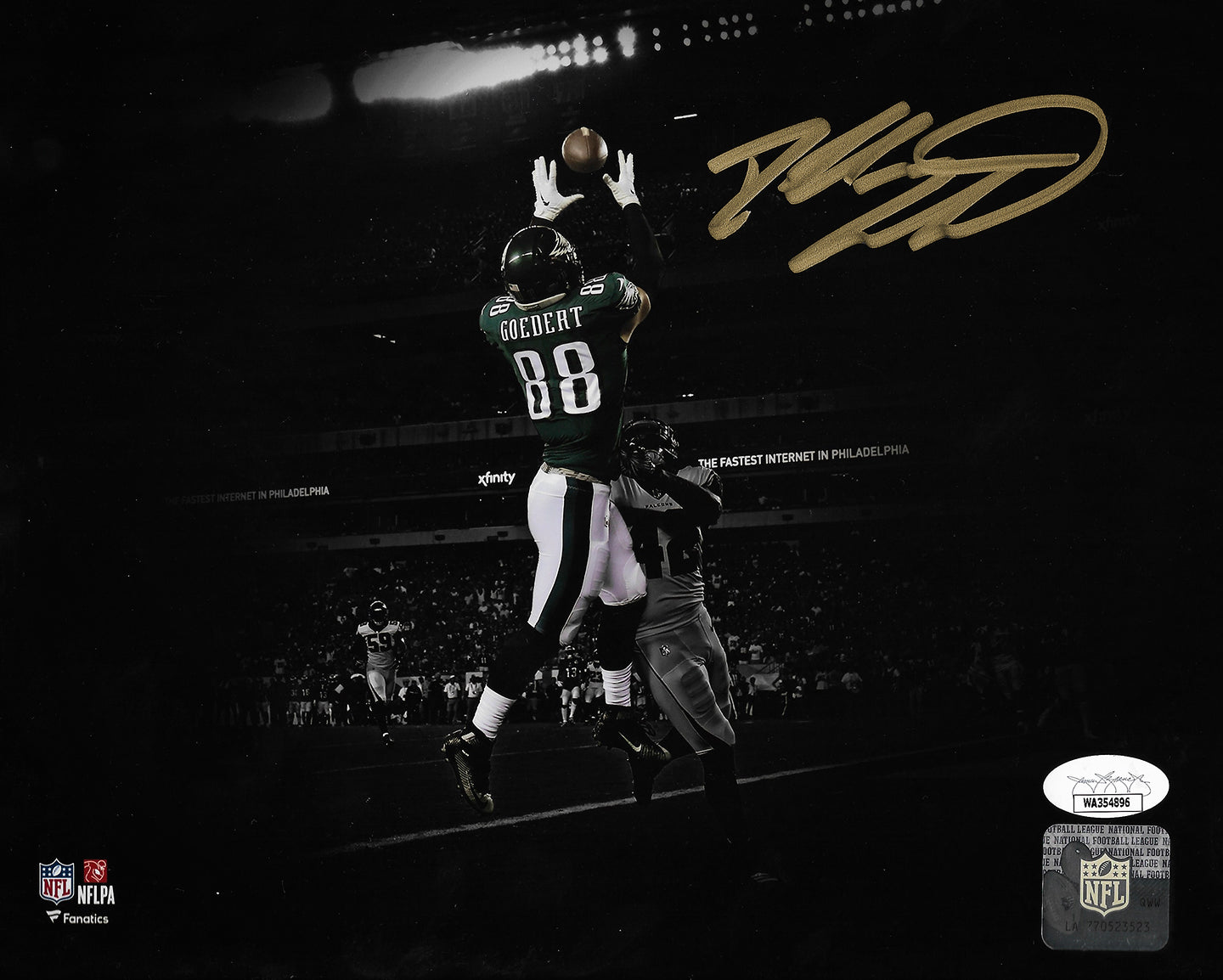 Dallas Goedert End Zone Touchdown Philadelphia Eagles Autographed Blackout Football Photo
