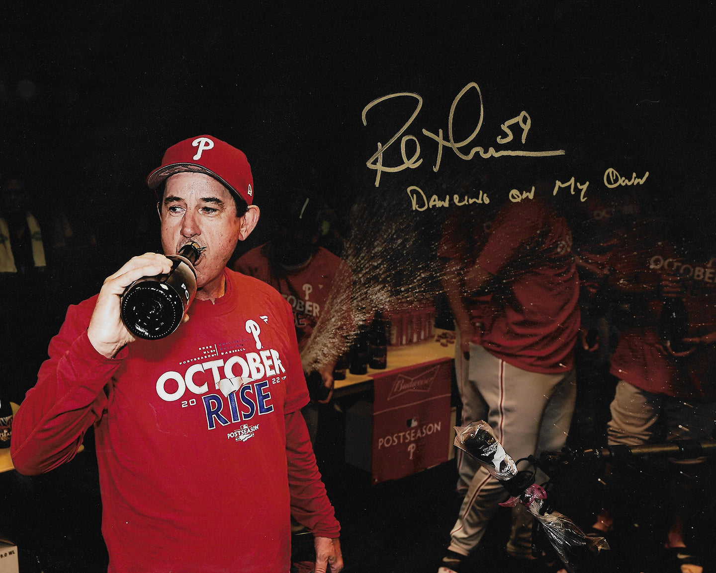 Rob Thomson NL Champs Locker Room Philadelphia Phillies Autographed 16x20 Photo (Dancing on my Own)