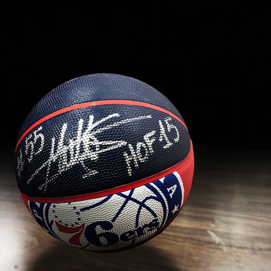 Dikembe Mutombo Autographed Philadelphia 76ers Spalding Basketball with Hall of Fame Inscription