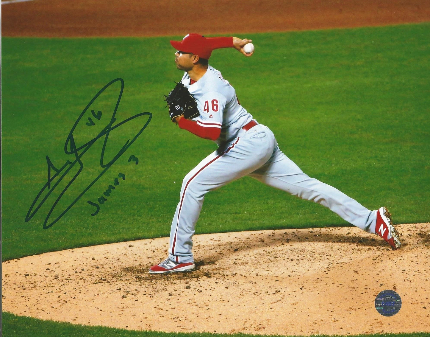 Jeanmar Gomez in Action Autographed Philadelphia Phillies Baseball Photo