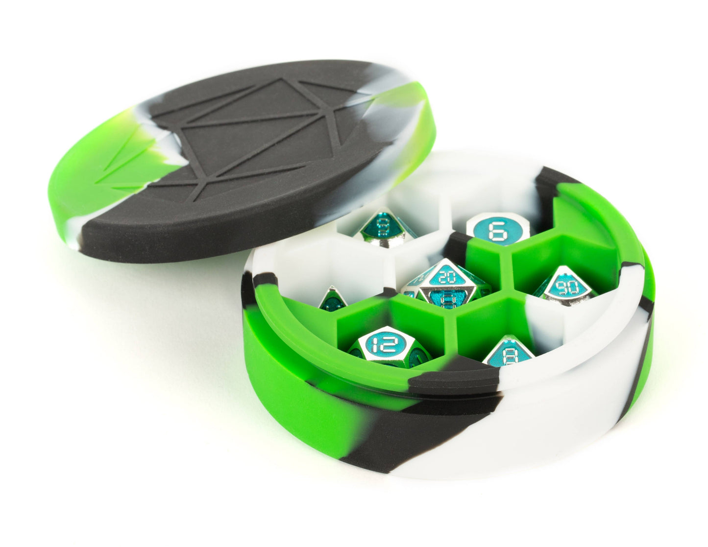 Silicone Round Dice Cases w/Hex Storage (Green-White-Black)