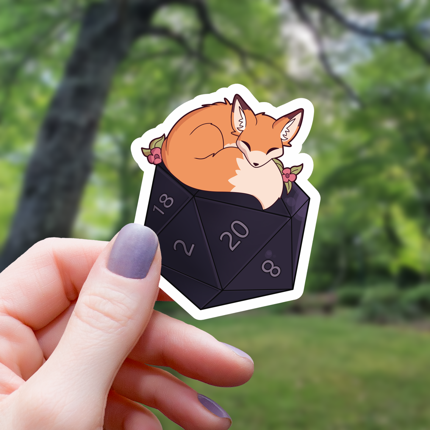 Floral Fox Sleeping on D20 Sticker - 3"