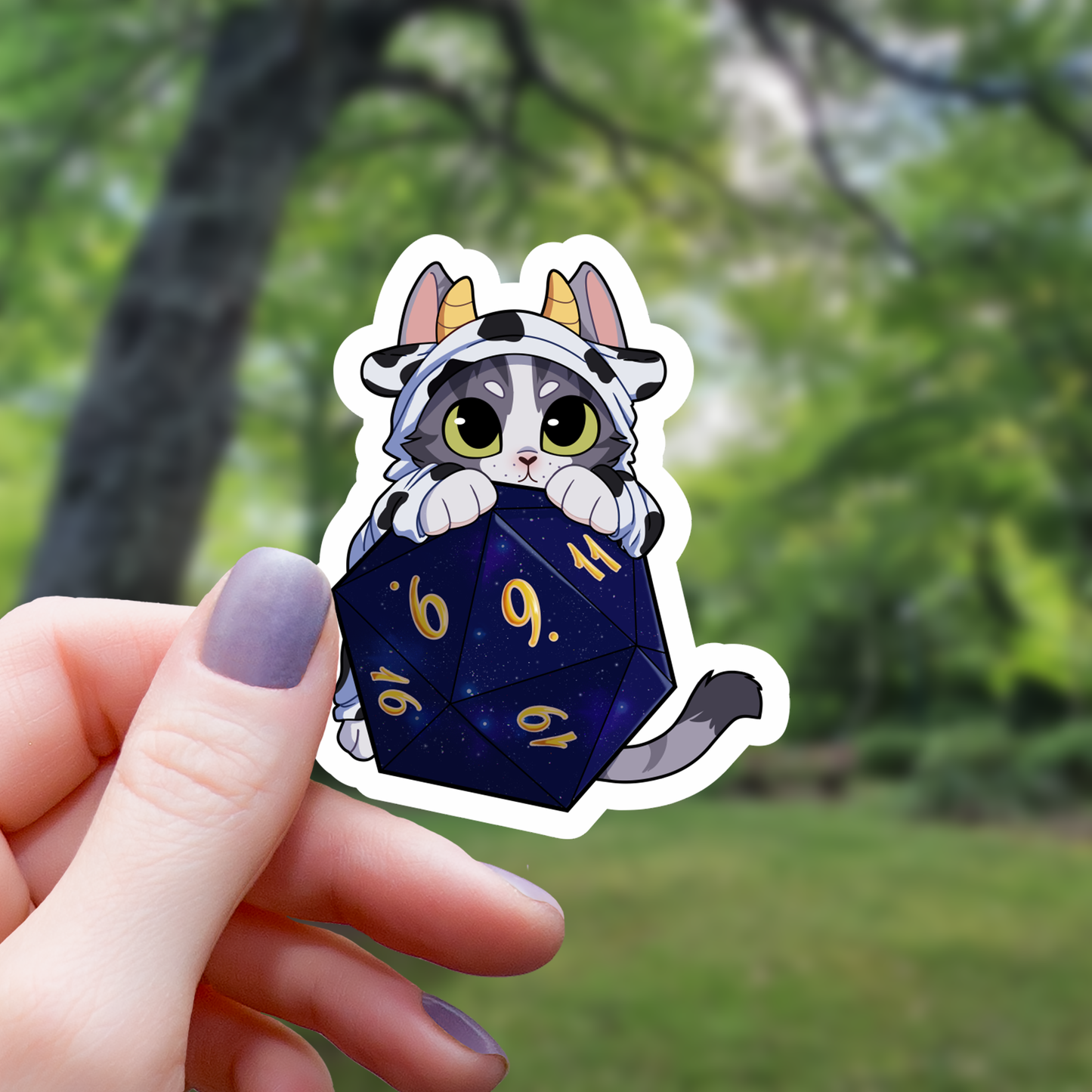 Cow Cat On Polyhedral D20 Dice Sticker - 3"