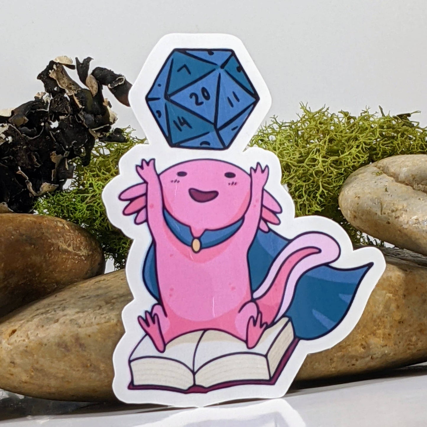 Axolotl Worshipping Polyhedral Dice Sticker - 3"