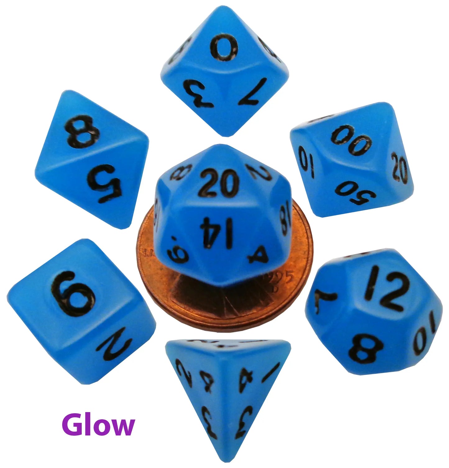 10mm Mini Acrylic Polyhedral Set - Glow Blue with Black Numbers