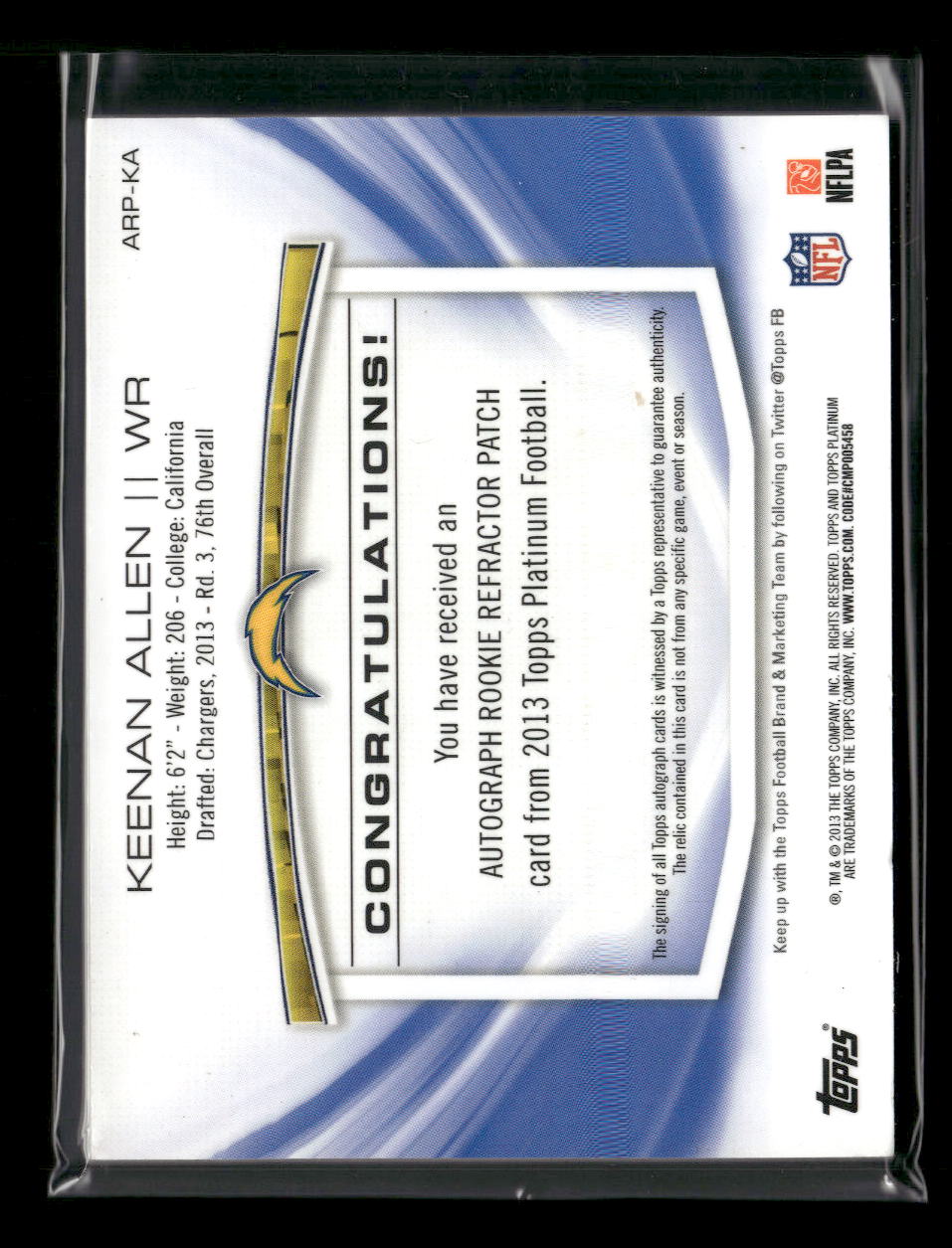 2013 Topps Platinum Rookie Patch/Auto Refractors Keenan Allen #/1000 #ARP-KA