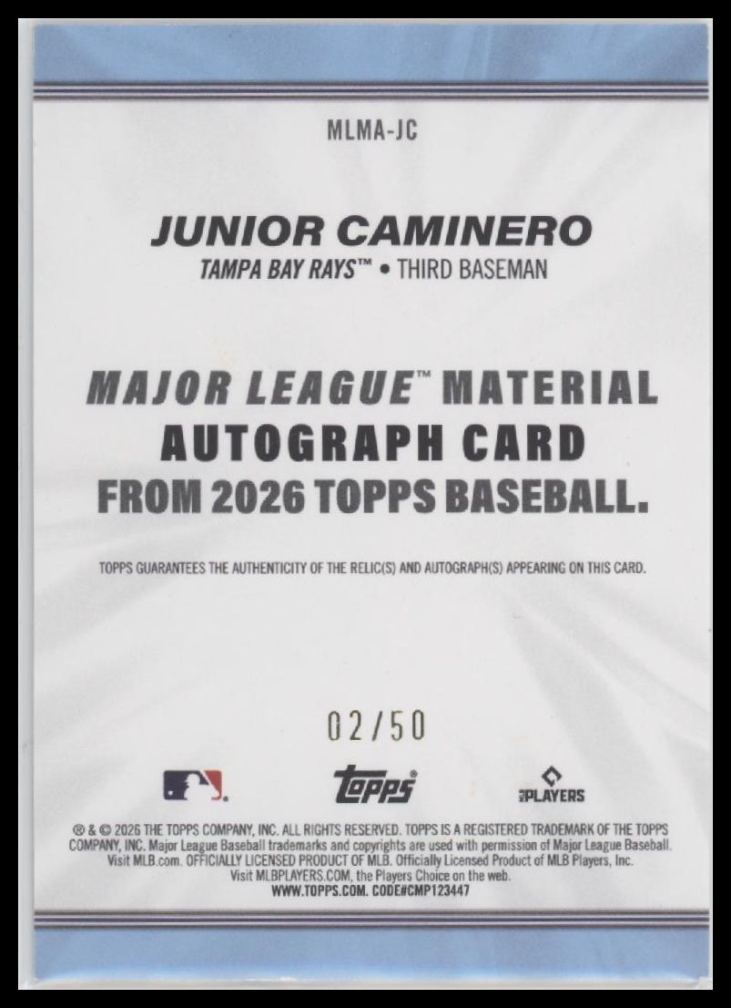 2026 Topps Major League Materials Auto Gold Junior Caminero #/50 #MLMA-JC