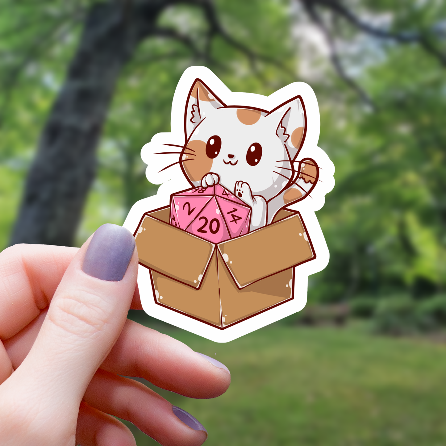 Cat In Box With D20 Sticker - 3"