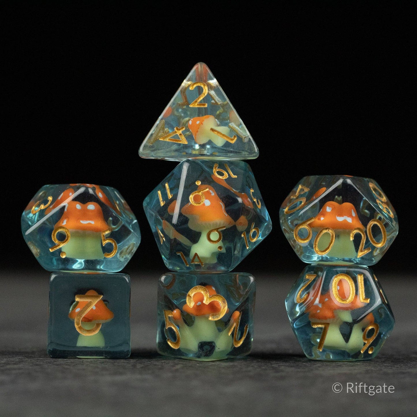 Riftgate -  Orange + Blue Resin Mushroom Dice Set