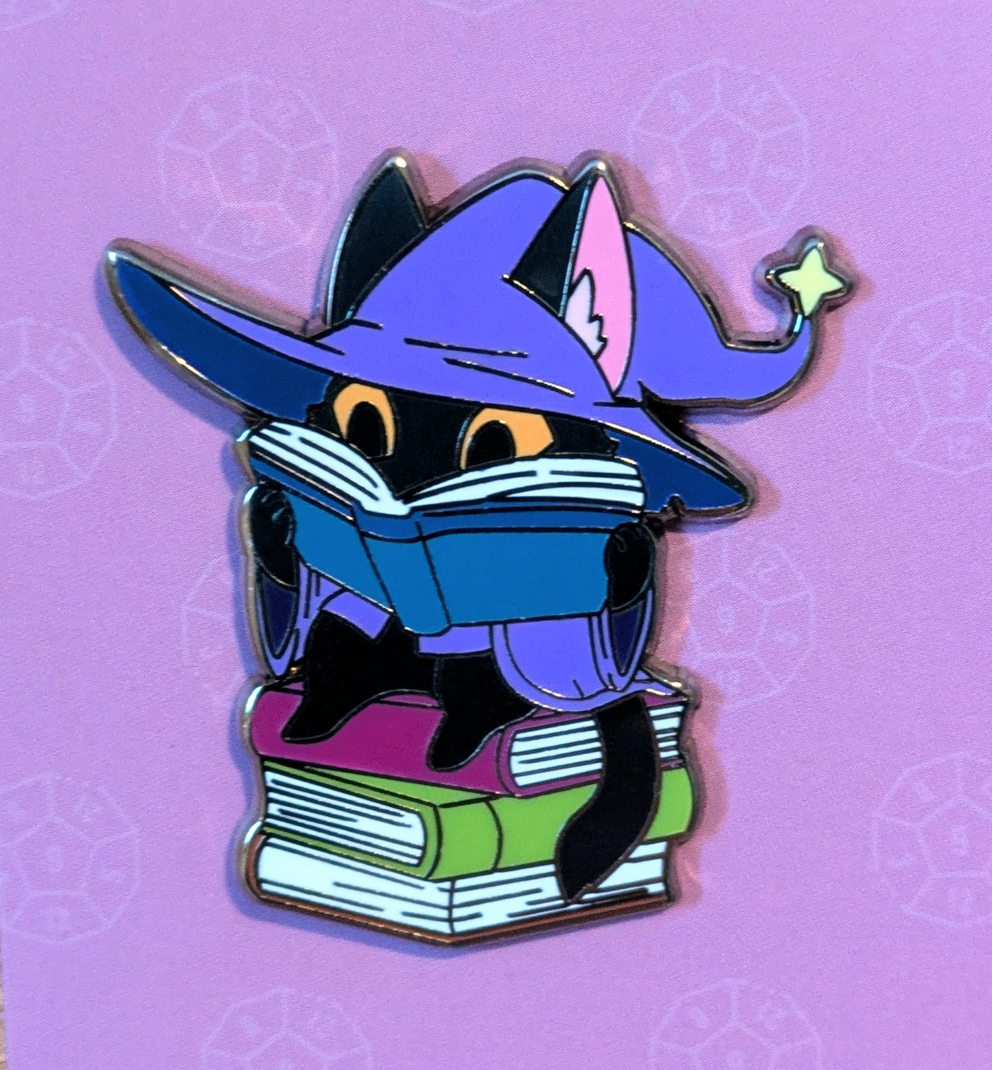 Wizard Cat on Pile of Books Hard Enamel Pin - 1.5"