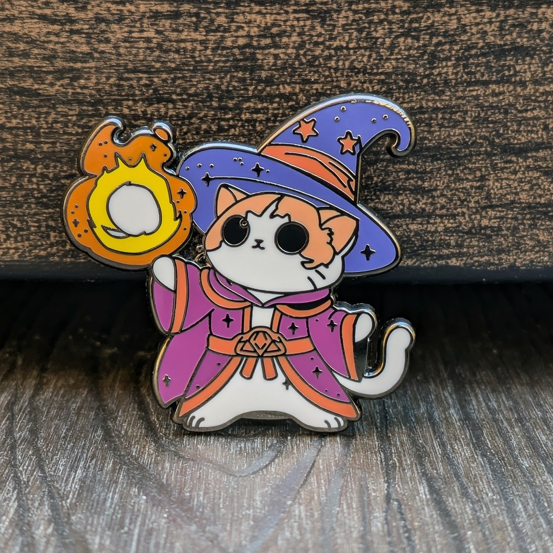 Wizard Cat Casting Fireball Hard Enamel Pin - 1.5"