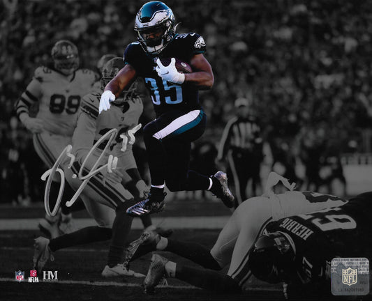 Boston Scott in Action Philadelphia Eagles Autographed Blackout Football Photo