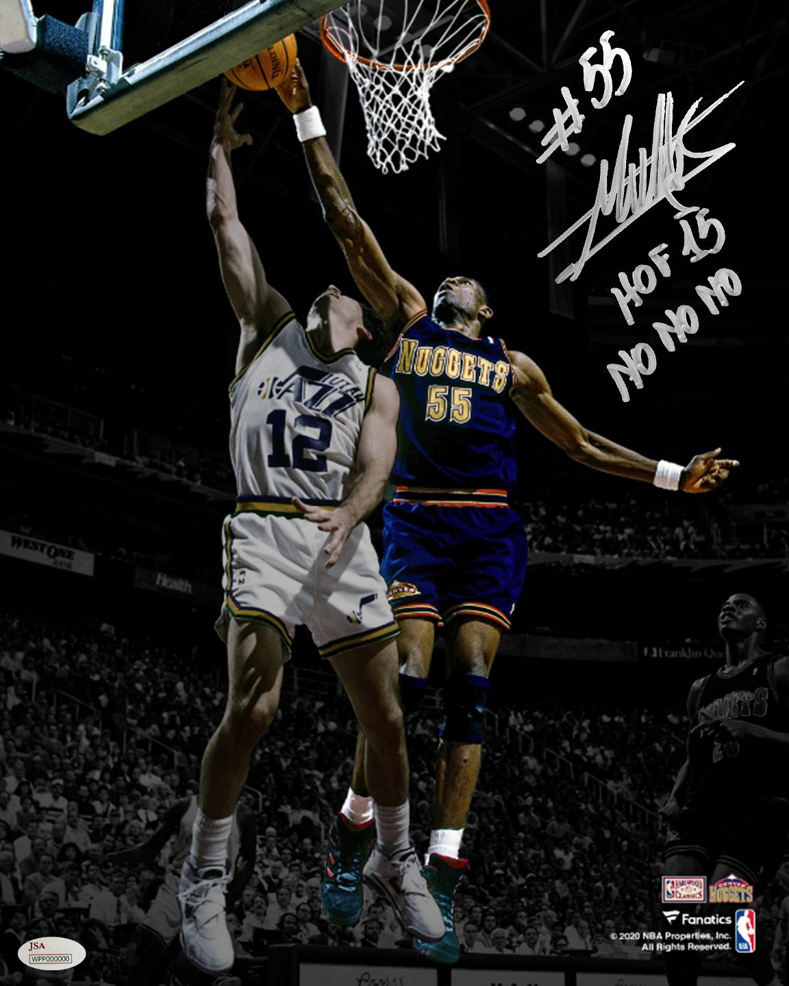 Dikembe Mutombo Denver Nuggets Autographed 16x20 Basketball Photo Inscribed Hall of Fame & No-No-No