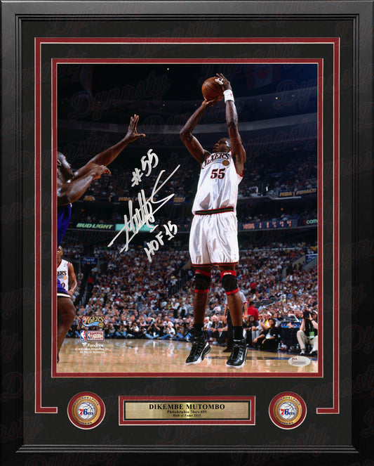 Dikembe Mutombo Philadelphia 76ers Autographed 11x14 Framed Photo Inscribed Hall of Fame: Silver Ink