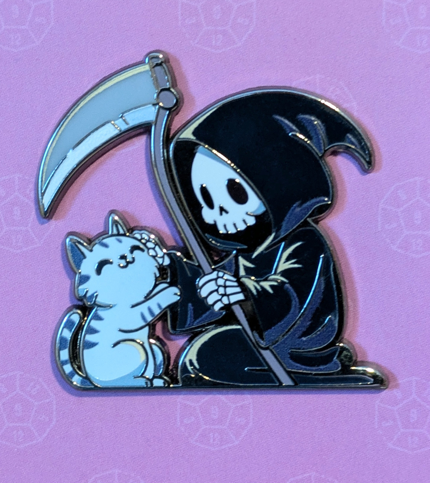 Grim Reaper Petting Cat Hard Enamel Pin - 1.5"