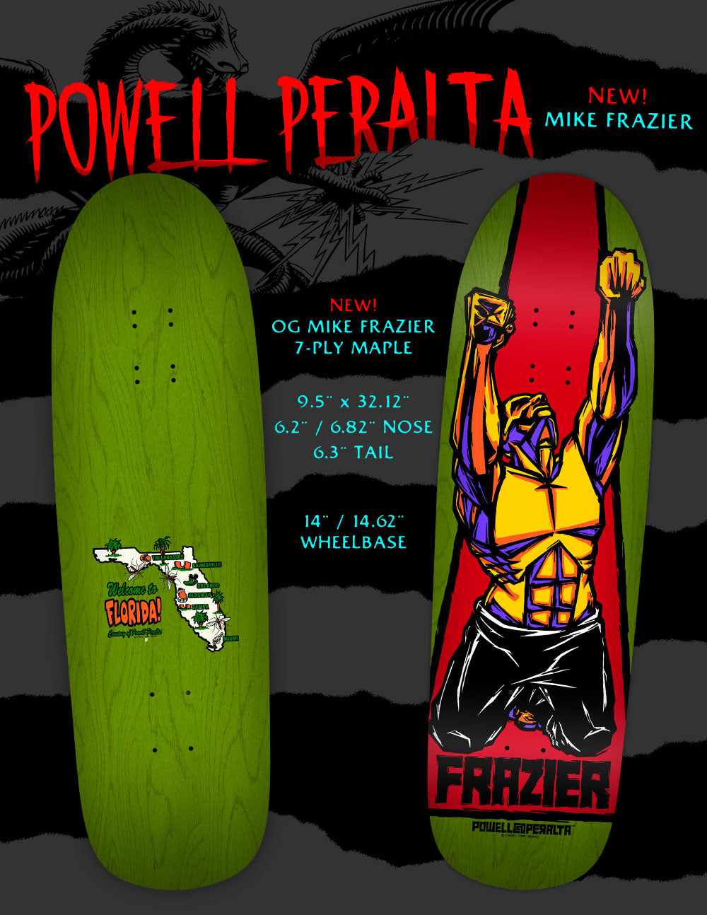 Powell Peralta Mike Fraizer Yellow Man 9.5" Green Stain Complete Skateboard