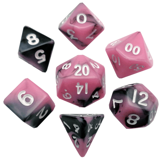 10mm Mini Dice Acrylic Polyhedral Set in Tube - Pink-Black with White Numbers