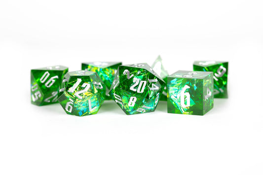 PREMIUM Handcrafted Sharp Edge Inclusion Dice - Green Pyre