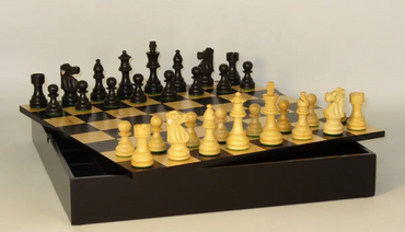 Chess Set - Black French Chessmen on Black/Maple Chest