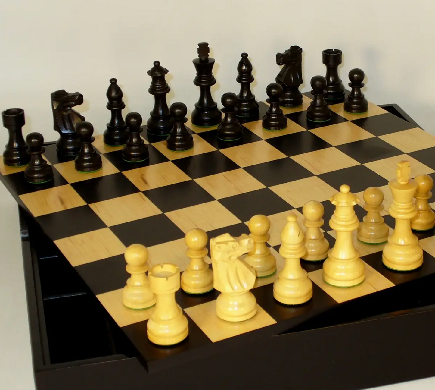 Chess Set - Black French Chessmen on Black/Maple Chest